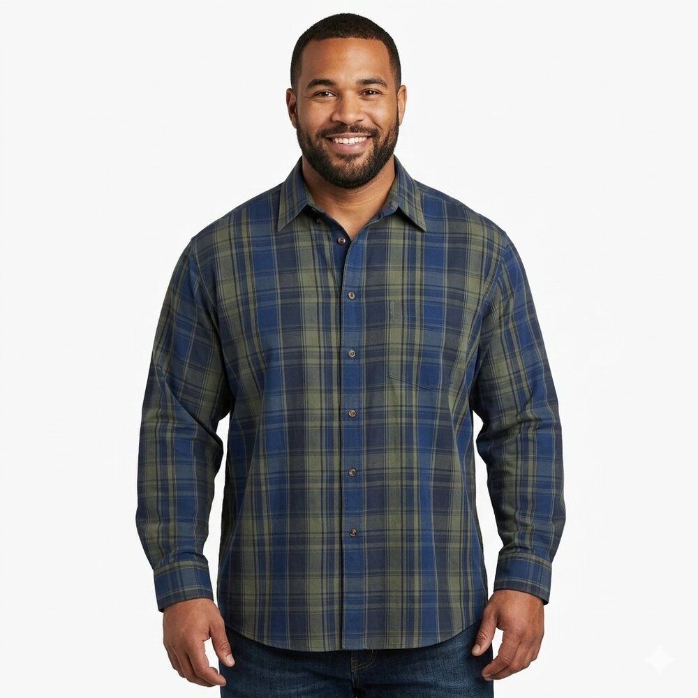 CASUALS ROUNDTREE & YORK BRAND Men's Olive Green & Blue  Plaid Shirt - L